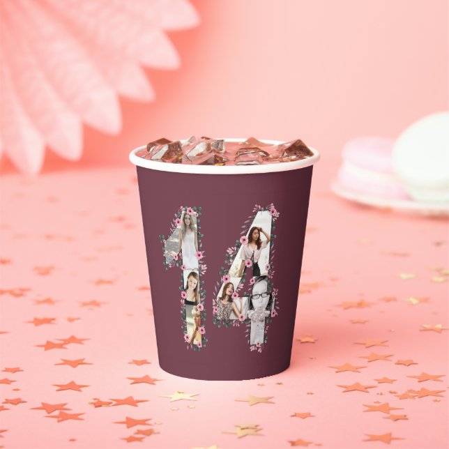 Pink Flower Big 14th Birthday Girl Photo Collage Paper Cups (Insitu)