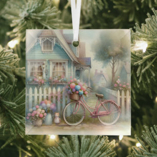 Pink Flower Bike at Blue Cottage Gate Glass Tree Decoration