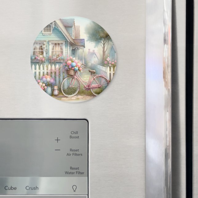 Pink Flower Bike at Blue Cottage Gate Magnet (In Situ (Fridge))