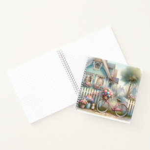 Pink Flower Bike at Blue Cottage Gate Notebook