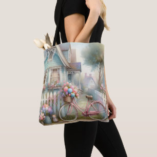 Pink Flower Bike at Blue Cottage Gate Tote Bag