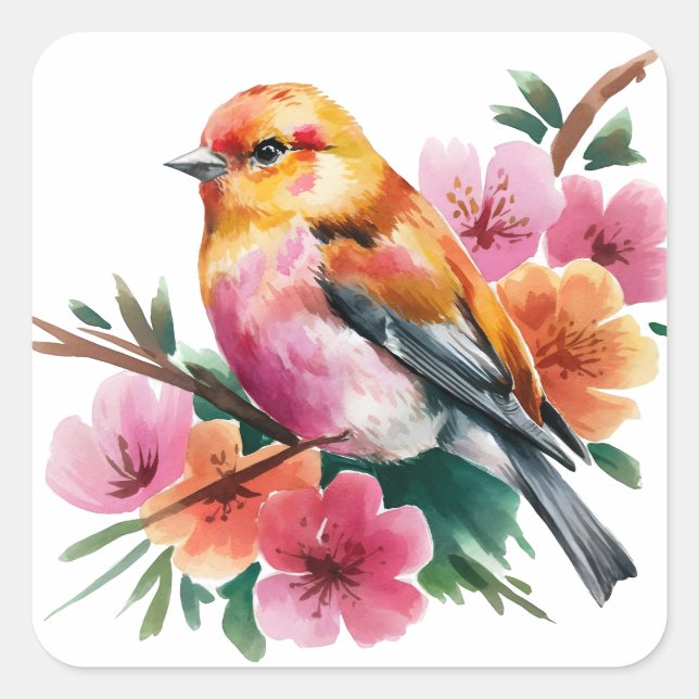 Pink Flower Bird Square Sticker (Front)