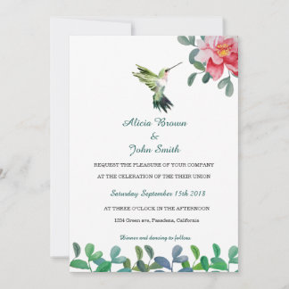 Pink flower & Bird Watercolor Wedding Card