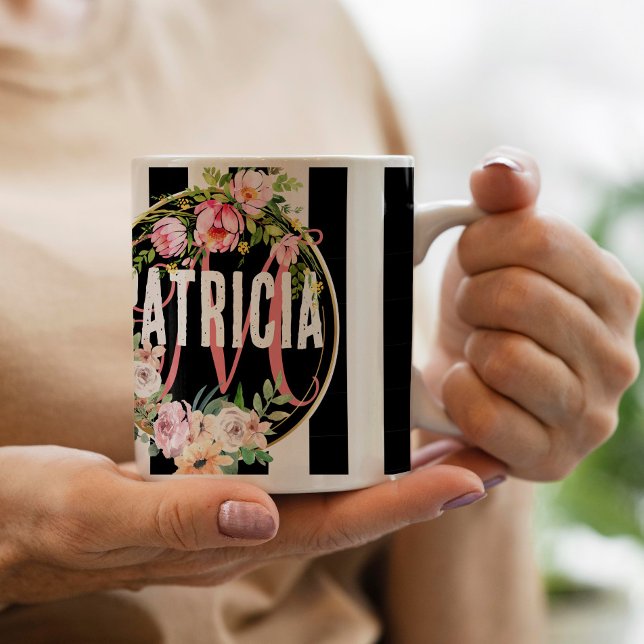 pink flower black and white Stripes monogram Coffee Mug (Creator Uploaded)