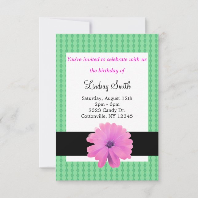Pink Flower Black Ribbon Birthday Invitation (Front)