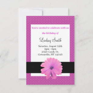Pink Flower Black Ribbon Birthday Invitation
