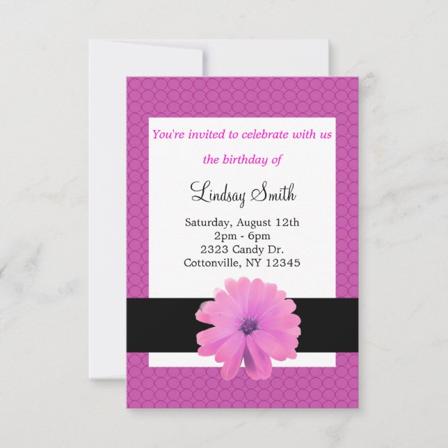 Pink Flower Black Ribbon Birthday Invitation (Front)