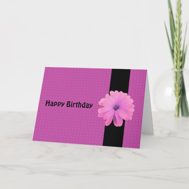 Pink Flower Black Ribbon Birthday Wishes Card (Front)