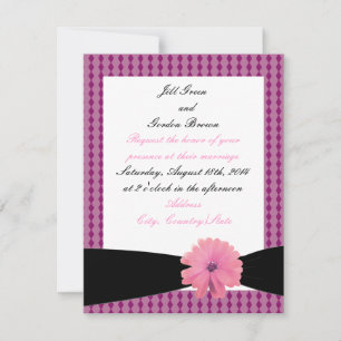 Pink Flower Black Ribbon Wedding Invitation