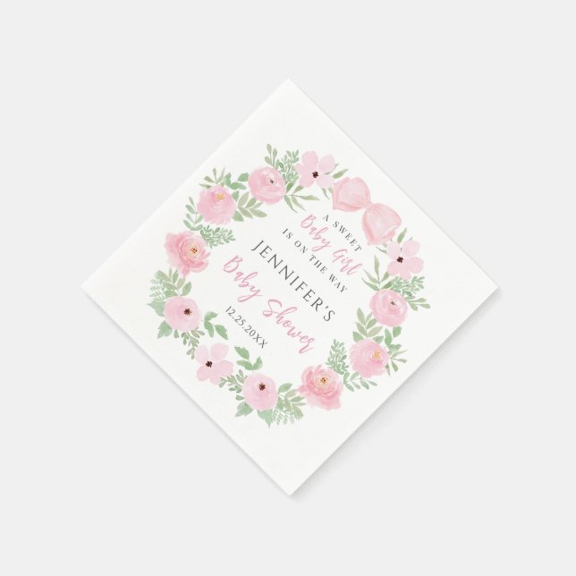 Pink flower blooms with cute bow baby girl shower napkin (Corner)