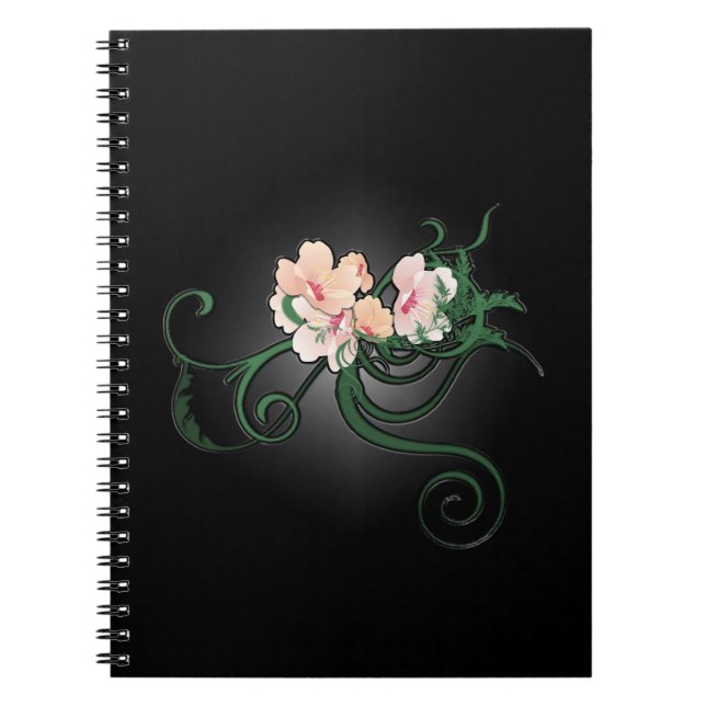 Pink Flower Blossoms on a Black Background Notebook (Front)