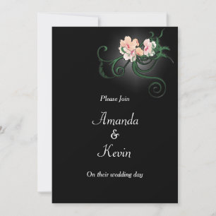 Pink Flower Blossoms on Black Wedding Invitation