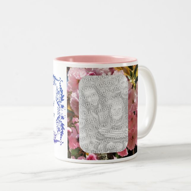 Pink Flower Blossoms Photo Frame Personalised Two-Tone Coffee Mug (Front Right)