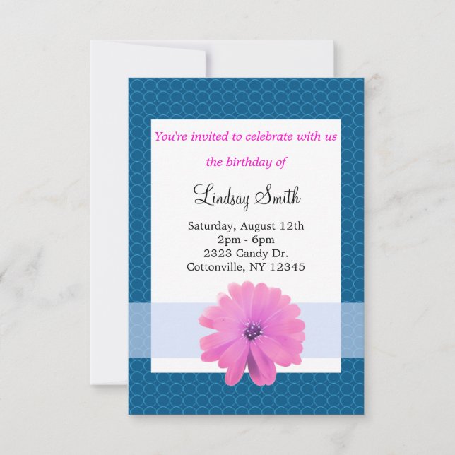 Pink Flower Blue Ribbon Birthday Invitation (Front)
