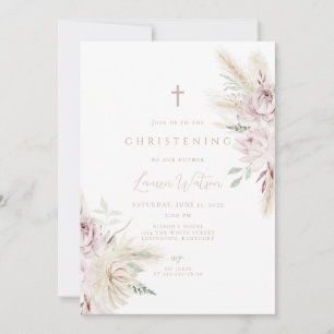 Pink flower boho christening invitation