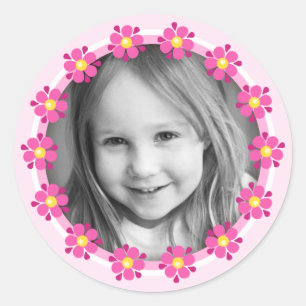 Pink flower border photo frame custom photograph classic round sticker