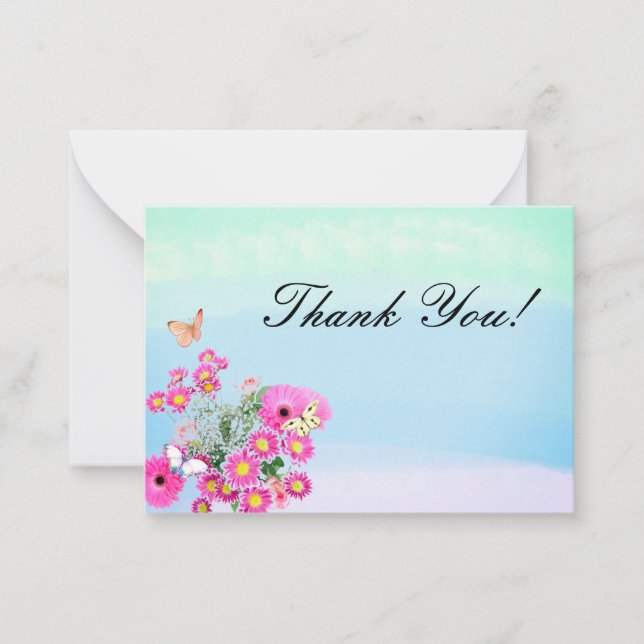 Pink Flower Bouquet and Butterflies Thank You Card (Front)
