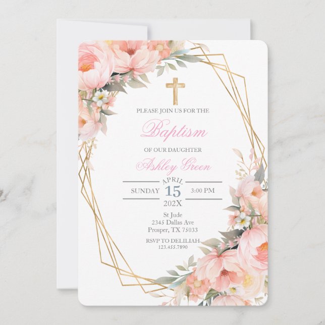 Pink flower bouquet Baptism Invitation (Front)