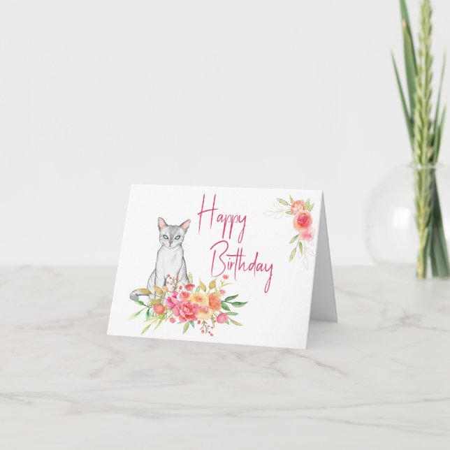 Pink Flower Bouquet Birthday Card From the Cat  (Front)