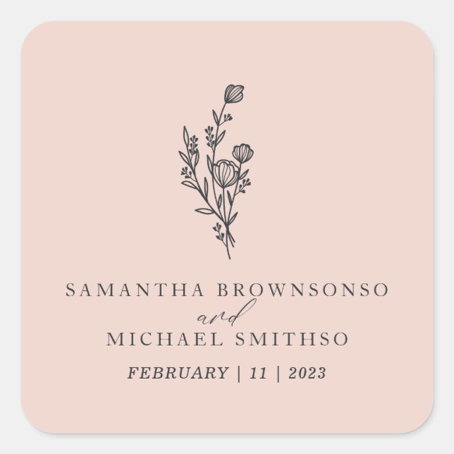 Pink Flower Bouquet Name Floral Minimal Wedding Square Sticker (Front)