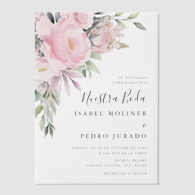 Pink Flower Bouquet Nuestra Boda Spanish Wedding Vellum Invitations (Front)