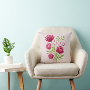 Pink Flower Bouquet Painting Throw Pillow