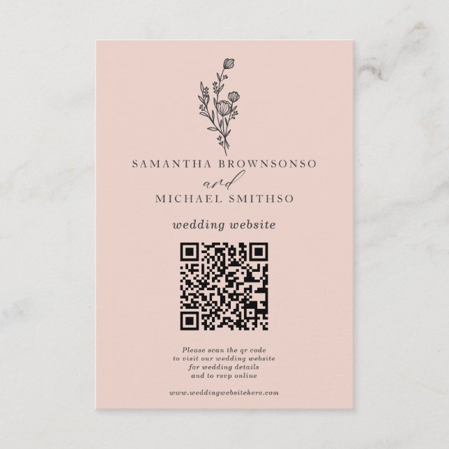 Pink Flower Bouquet Qr Wedding Website Enclosure Card (Front)