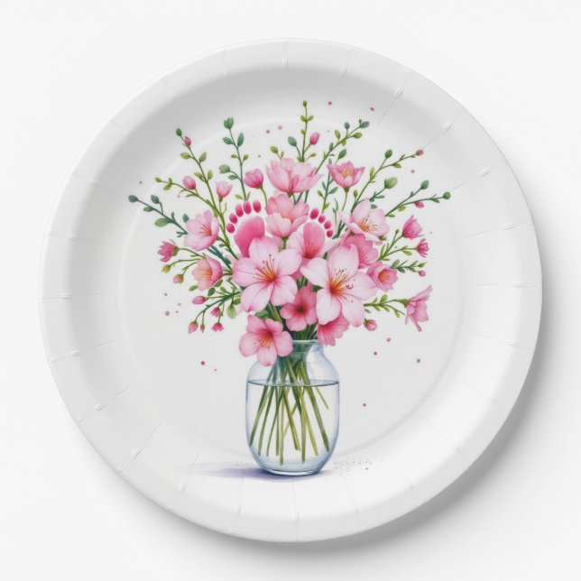 Pink Flower Bouquet With Baby Feet Paper Plate (Front)