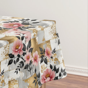 Pink Flower Bouquets on Gold and White Squares Tablecloth