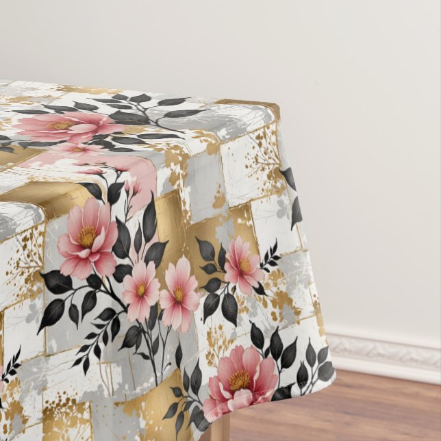 Pink Flower Bouquets on Gold and White Squares Tablecloth (In Situ)