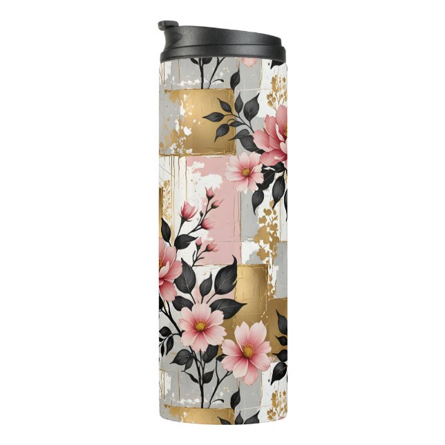 Pink Flower Bouquets with Gold and White Squares Thermal Tumbler (Rotated Right)