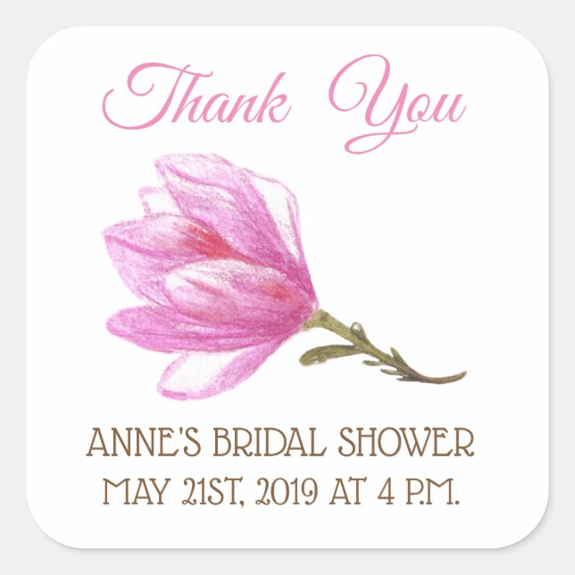 Pink Flower Bridal Shower Square Stickers (Front)