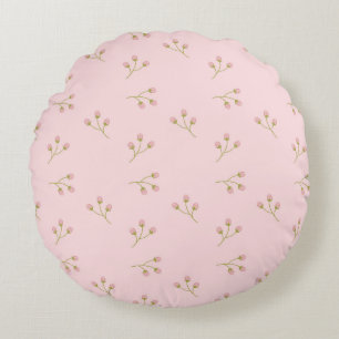 Pink Flower Buds Green Stem Floral Spring Round Cushion