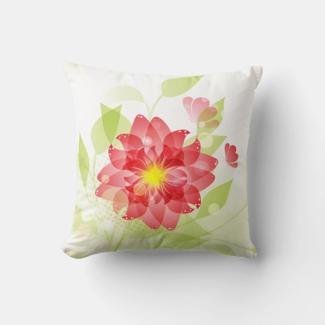 Pink Flower Butterfly Pale Green Leaves Pillow (Front)