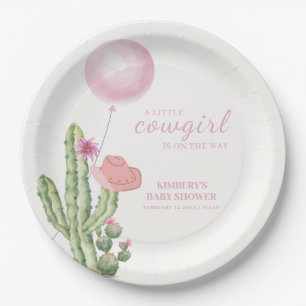 Pink Flower Cactus Balloon Cowgirl Baby Shower  Paper Plate
