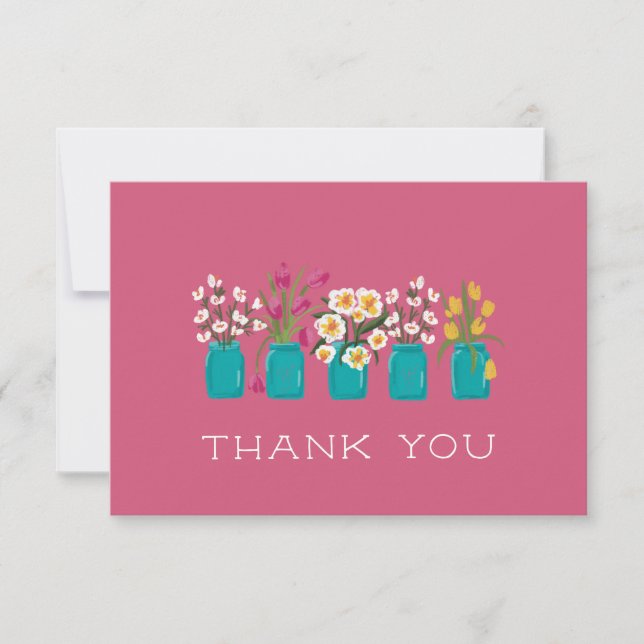 Pink Flower Cart Matching Mason Jar Thank You Card (Front)