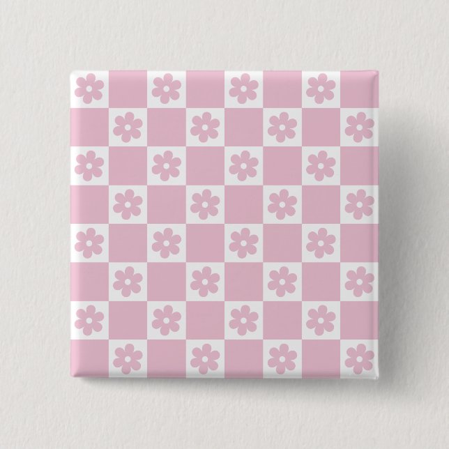 Pink Flower checked pattern 15 Cm Square Badge (Front)