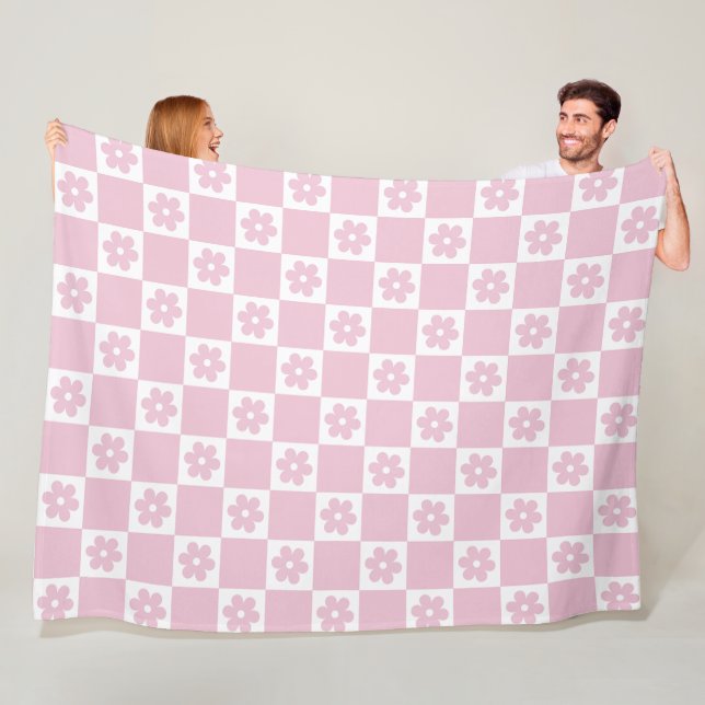 Pink Flower checked pattern Fleece Blanket (In Situ)