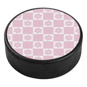 Pink Flower checked pattern Hockey Puck