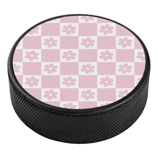 Pink Flower checked pattern Hockey Puck (3/4)