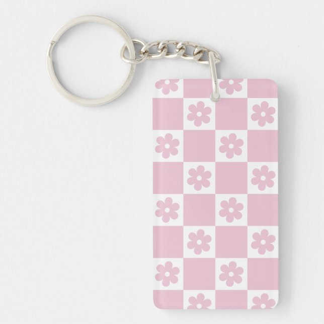 Pink Flower checked pattern Key Ring (Front)