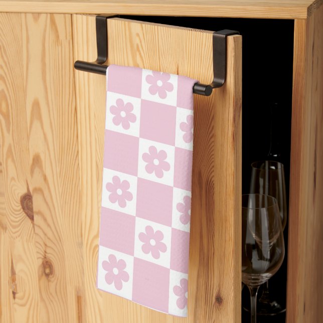 Pink Flower checked pattern Tea Towel (Thirds Fold)