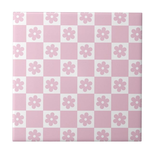 Pink Flower checked pattern Tile (Front)