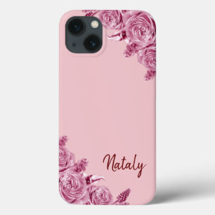 Pink flower composition with name iPhone 13 case