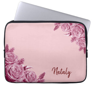 Pink flower composition with name laptop sleeve