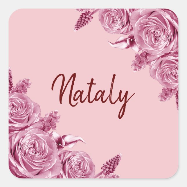 Pink flower composition with name square sticker (Front)