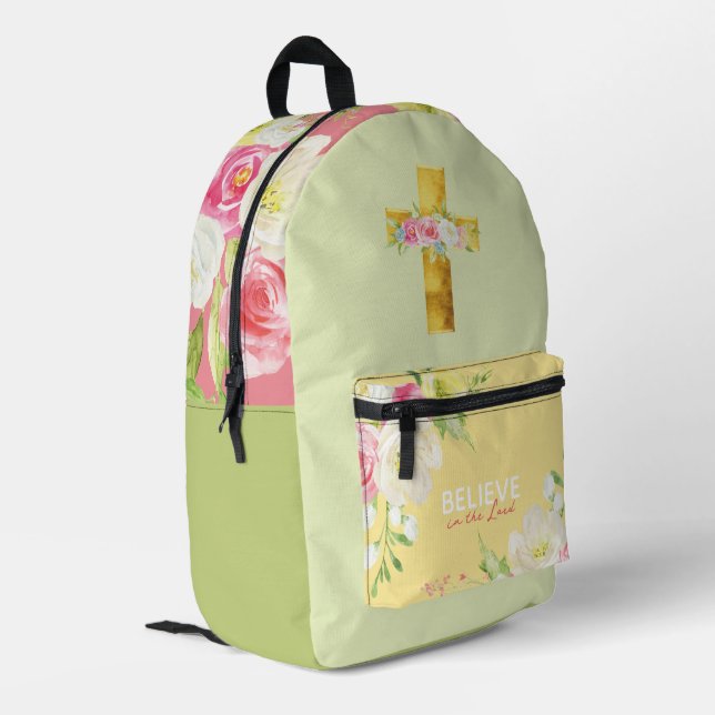 Pink Flower Cross Christian Girl Backpack (Back Corner Left)