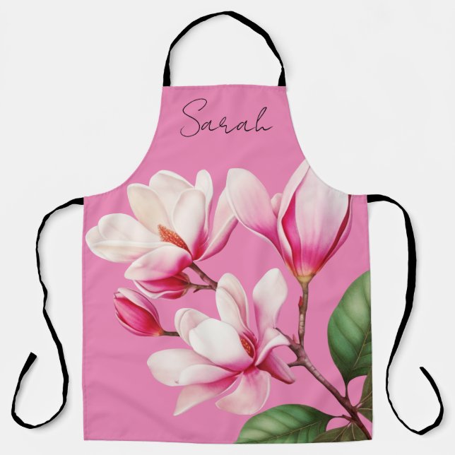 Pink Flower Custom Name Floral Art Apron (Front)