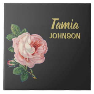 Pink flower custom name gray tile