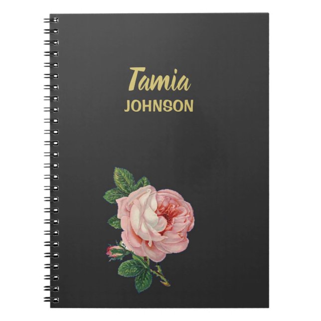 Pink flower custom name grey notebook (Front)